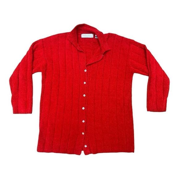 Vintage Karen Scott Red Chenille Button Up Sweater L Soft Cozy Holiday Classic - Picture 6 of 6